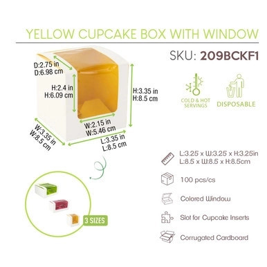 Yellow Cupcake Box with Window (1 Piece) - L:3.3in W:3.3in H:3.3in - 100 pcs Yellow Cupcake Box with Window (1 Piece) - L:3.3in W:3.3in H:3.3in - 100 pcs