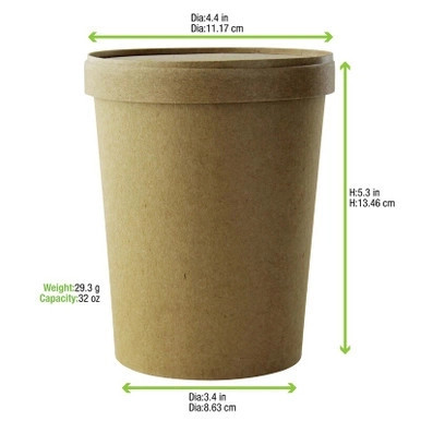 Brown Kraft Soup Cup with Kraft Lid Included - 32oz D:4.5in H:5.5in - 250 pcs Brown Kraft Soup Cup with Kraft Lid Included - 32oz D:4.5in H:5.5in - 250 pcs