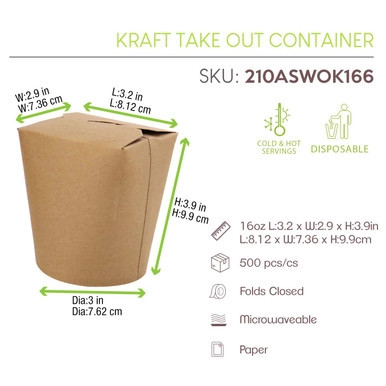 Kraft Take Out Container. - 16oz D:3.25in H:3.75in - 500 pcs