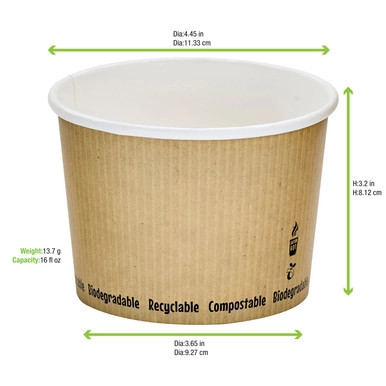 Compostable Soup Cup - 16oz D:4.5in H:3.1in - 500 pcs Compostable Soup Cup - 16oz D:4.5in H:3.1in - 500 pcs