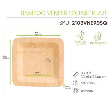 Bamboo Veneer Square Plate - L:9in W:9in H:0.45in - 50 pcs