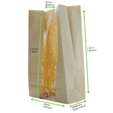 Long Brown SOS Bag with Window - W:8.9in Gusset:4.7in H:10.8in - 500 pcs