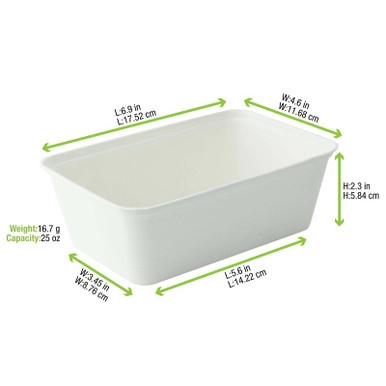 Eco Rec Rectangular White Sugarcane Salad Bowl - 25oz Top:L:6.8in W:4.6in H:2.3in - 250 pcs