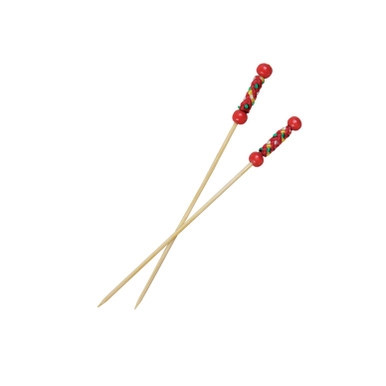 FUJI Bamboo Pick with Natural Beads and Red Design - L:4.7in - 2000 pcs
