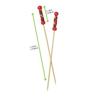 FUJI Bamboo Pick with Natural Beads and Red Design - L:4.7in - 2000 pcs