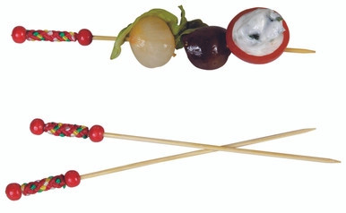 FUJI Bamboo Pick with Natural Beads and Red Design - L:4.7in - 2000 pcs