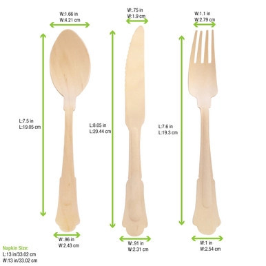 Elegant Wooden Cutlery 4 Piece Set (Fork, Knife, Spoon, Napkin) - L:8.5in - 100 pcs Elegant Wooden Cutlery 4 Piece Set (Fork, Knife, Spoon, Napkin) - L:8.5in - 100 pcs