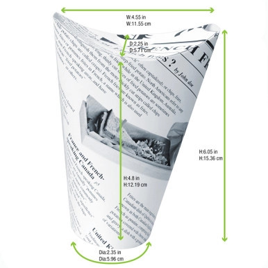 HAPPY FRIES Newsprint Closable Perforated Snack Cup - 16oz D:2.36in H:6.3in - 1000 pcs