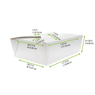 White Meal Box - 50oz Base:L:7.75in W:5.5in H:2in Top:L:8.5in W:6.3in H:2in - 200 pcs