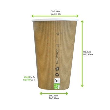Compostable Paper Cup Single Wall - 20oz D:3.5in H:6.3in - 500 pcs