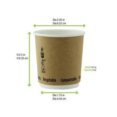 Double Wall Kraft Compostable Paper Cup - 4oz D:2.4in H:2.4in - 1000 pcs