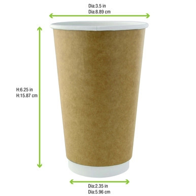 Double Wall Kraft Compostable Paper Cup - 20oz D:3.5in H:6.3in - 500 pcs