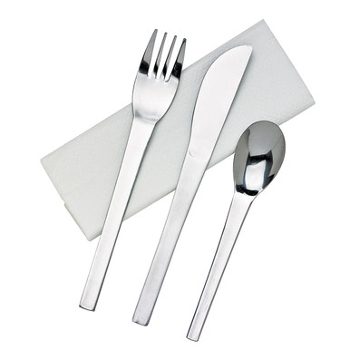 Wrapped Stainless Steel Cutlety Kit 4/1 (Knife, Fork, Spoon, Napkin) - L:8in W:2.9in - 50 kits
