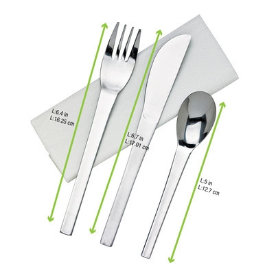 Wrapped Stainless Steel Cutlety Kit 4/1 (Knife, Fork, Spoon, Napkin) - L:8in W:2.9in - 50 kits