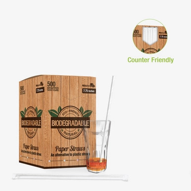 Durable Solid White Paper Straws - Wrapped - D:0.2in L:7.75in - 3000 pcs