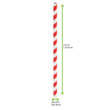 Durable Red & White Striped Cocktail Paper Straws - Unwrapped - D:0.2in H:5.7in - 3000 pcs