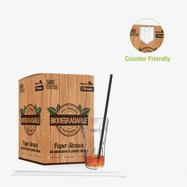 Durable Solid Black Paper Straws - Wrapped - D:0.2in L:7.75in - 3000 pcs