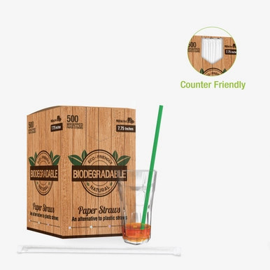 Durable Solid Green Paper Straws - Wrapped - D:0.2in L:7.75in - 3000 pcs