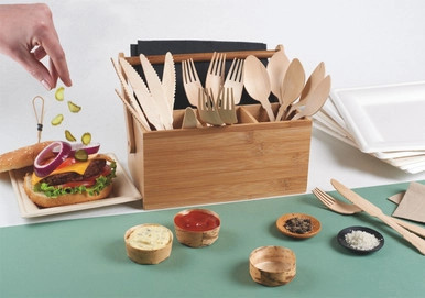 Bamboo Cutlery & Napkin Holder - L:6.3in W:4.7in H:4.1in - 8 pcs