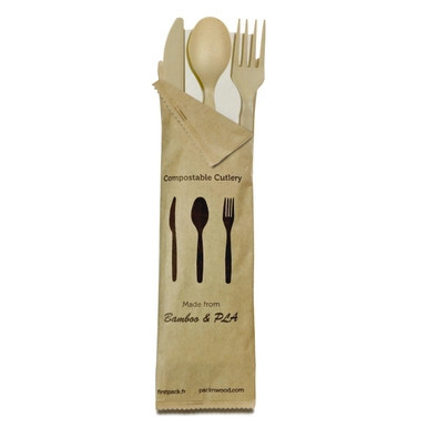 Compostable Bamboo Fiber 4/1 Cutlery Kit With Kraft Bag (Knife, Fork, Spoon, Napkin) - L:6in - 250 kits