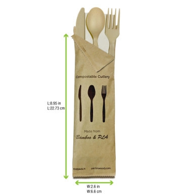 Compostable Bamboo Fiber 4/1 Cutlery Kit With Kraft Bag (Knife, Fork, Spoon, Napkin) - L:6in - 250 kits