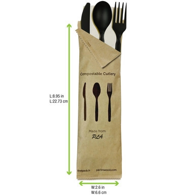 Compostable Black 4/1 Cutlery Kit With Kraft Bag (Knife, Fork, Spoon, Napkin) - L:6in - 250 kits