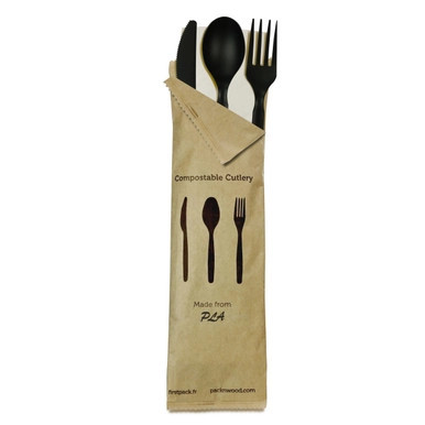 Compostable Black 4/1 Cutlery Kit With Kraft Bag (Knife, Fork, Spoon, Napkin) - L:6in - 250 kits