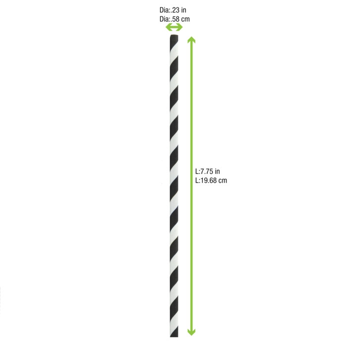 Durable Black & White Striped Paper Straws - Unwrapped - D:0.23in L:7.75in - 300 pcs