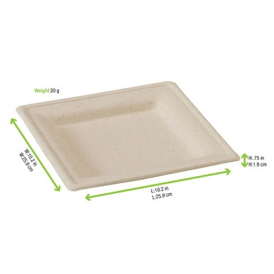 Square Brown Sugarcane Plate - L:10.2in W:10.2in H:0.75in - 250 pcs