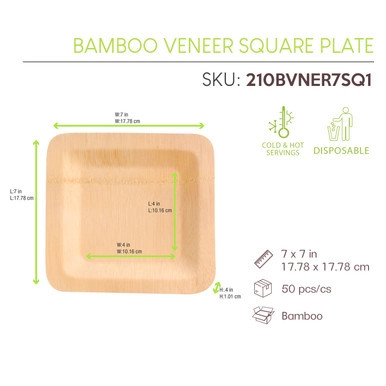Bamboo Veneer Square Plate. - L:7in W:7in H:0.4in - 50 pcs Bamboo Veneer Square Plate. - L:7in W:7in H:0.4in - 50 pcs