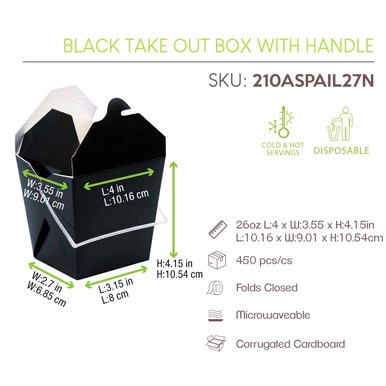 Black Take Out Box with Handle - 26oz L:4in W:3.55in H:4.15in - 450 pcs