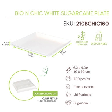 Bio n Chic White Sugarcane Plate - L:6.3in W:6.3in H:0.55in - 100 pcs