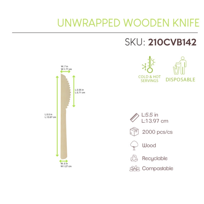 Unwrapped Wooden Knife - L:5.47in - 2000 pcs