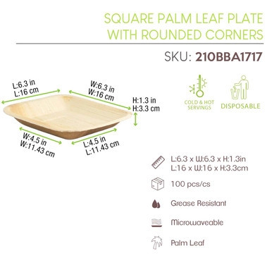 Square Palm Leaf Plate with Rounded Corners - L:6.7in W:6.7in - 100 pcs