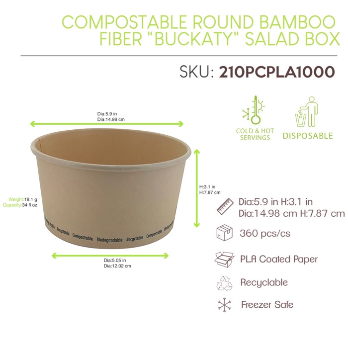 Compostable round bamboo fiber Buckaty salad box - 34oz D:5.9in H:3.1in - 360 pcs