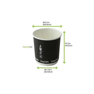 Double Wall Black Compostable Paper Cup - 4oz D:2.4in H:2.4in - 1000 pcs