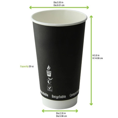 Double Wall Black Compostable Paper Cup - 20oz D:3.5in H:6.3in - 500 pcs