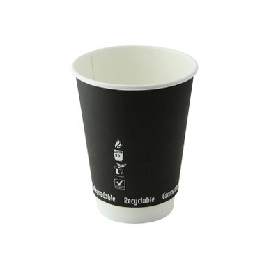 Double Wall Black Compostable Paper Cup - 12oz D:3.5in H:4.3in - 500 pcs