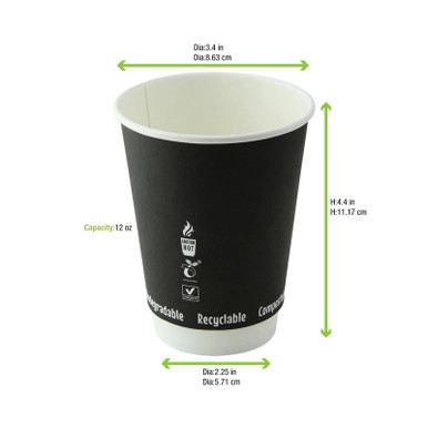 Double Wall Black Compostable Paper Cup - 12oz D:3.5in H:4.3in - 500 pcs