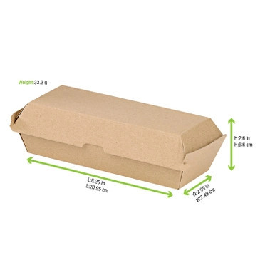 Kraft Corrugated Hot Dog Clamshell Take Out Box - L:8.2in W:2.95in H:2.75in - 200 pcs
