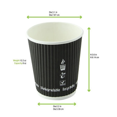 Compostable Rippled Black Cup - 8oz D:3.1 H:3.6in - 1000 pcs