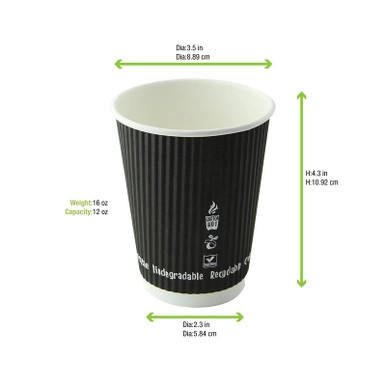 Compostable Rippled Black Cup - 12oz D:3.5in H:4.25in - 500 pcs