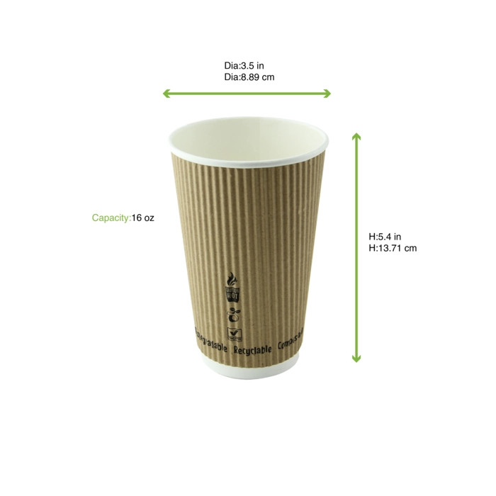 Compostable Rippled Beige Cups - 16 oz Dia: 3.5" H: 5.4"