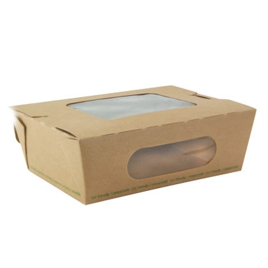 Easy Closing Kraft Compostable Salad Box With 2 Windows - 24oz L:6.1in W:4.7in H:2in - 200 pcs Easy Closing Kraft Compostable Salad Box With 2 Windows - 24oz L:6.1in W:4.7in H:2in - 200 pcs