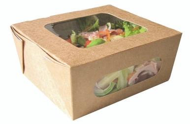 Easy Closing Kraft Compostable Salad Box with 2 Windows - 38oz L:5.9in W:5.3in H:2.5in - 200 pcs