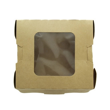 Easy Closing Kraft Compostable Salad Box with 2 Windows - 38oz L:5.9in W:5.3in H:2.5in - 200 pcs