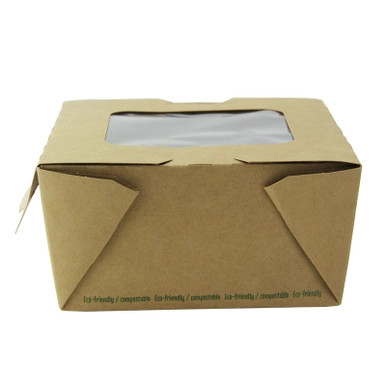 Easy Closing Kraft Compostable Salad Box with 2 Windows - 38oz L:5.9in W:5.3in H:2.5in - 200 pcs