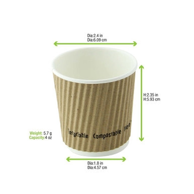 Compostable Rippled Kraft Cup - 4oz D:2.4in H:2.4in - 1000 pcs Compostable Rippled Kraft Cup - 4oz D:2.4in H:2.4in - 1000 pcs