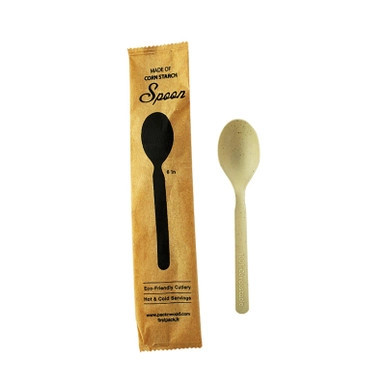 Compostable & Heat Proof Corn - Bamboo Fiber Spoon Individually Wrapped In a Paper Wrapper - L:6in W:1.97in - 500 pcs Compostable & Heat Proof Corn - Bamboo Fiber Spoon Individually Wrapped In a Paper Wrapper - L:6in W:1.97in - 500 pcs