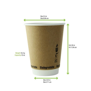 Double Wall Kraft Compostable Paper Cup - 12oz D:3.5in H:4.3in - 288 pcs